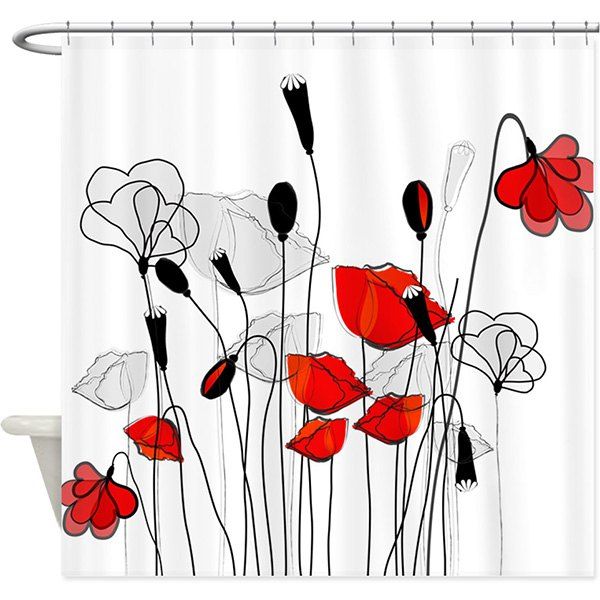 

Flower Print Polyester Shower Curtain with Hooks, White