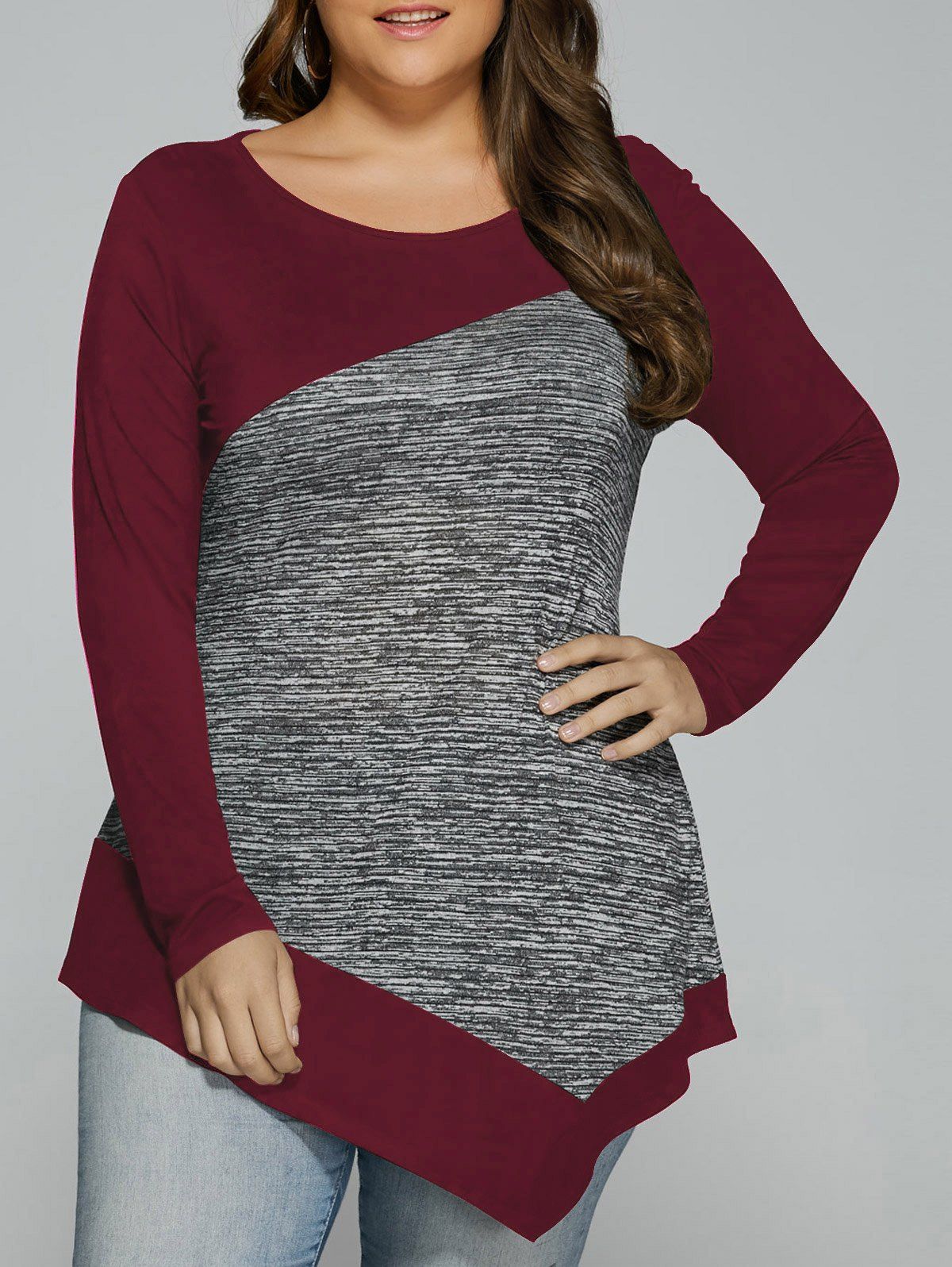 

Long Sleeve Plus Size Heather Trim Asymmetrical T-Shirt, Deep red