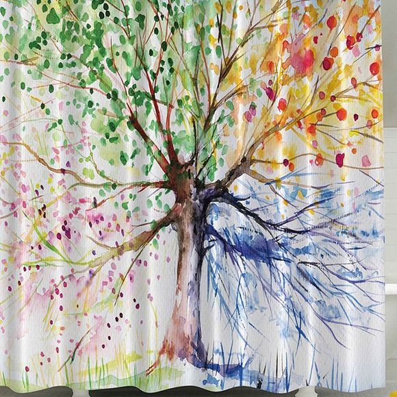 Rideau de douche avec crochets anti-moisissure motif arbres de quatre saisons - coloré 
