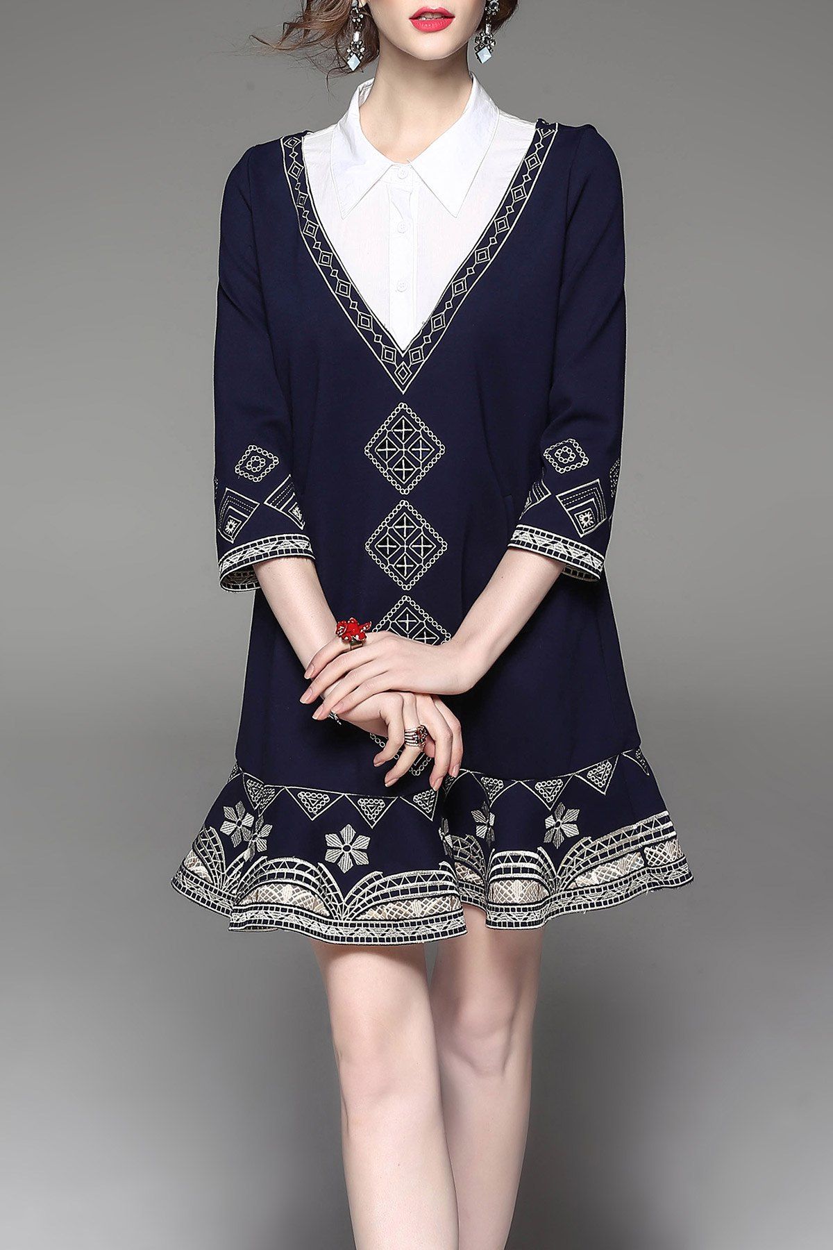

Embroidered Mini Drop Waist Dress, Cadetblue