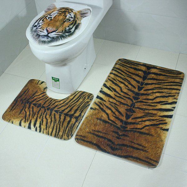 

3Pcs Tiger Pattern Antislip Toilet Contour Lid Cover Carpet Set, Earthy