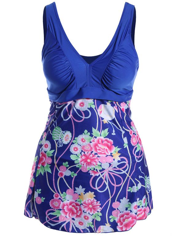 Douce à encolure en V Fleur des femmes Print Swimsuit - Bleu Saphir 2XL