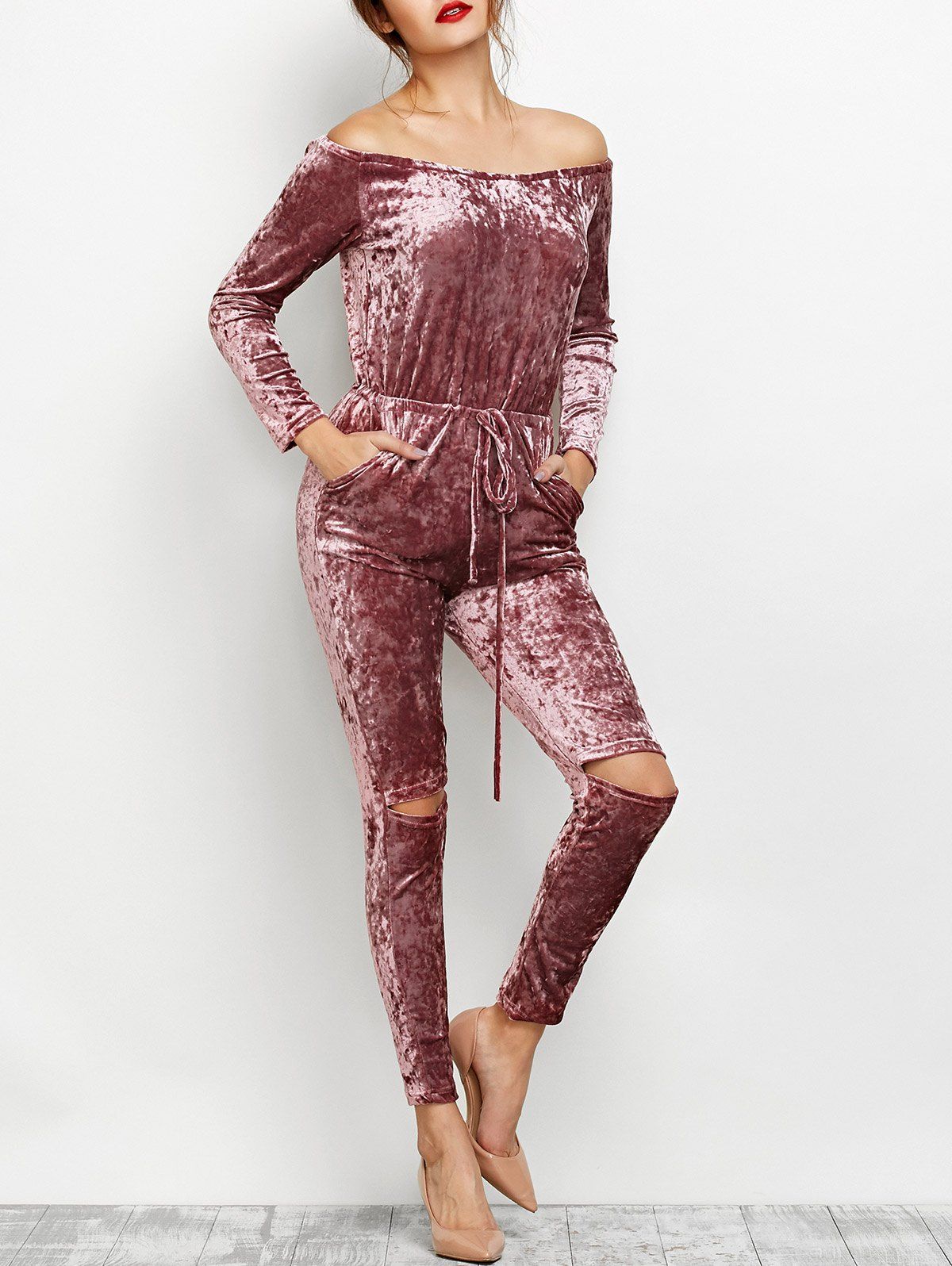 off the shoulder velour jumpsuit