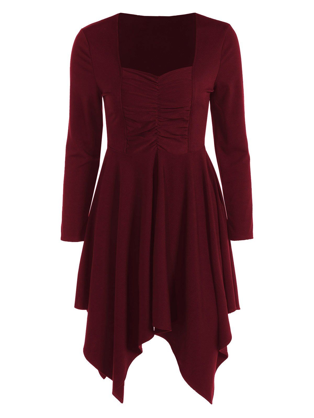 [17% OFF] 2020 Long Sleeves Ruched Asymmetric Swing Dress In BURGUNDY ...