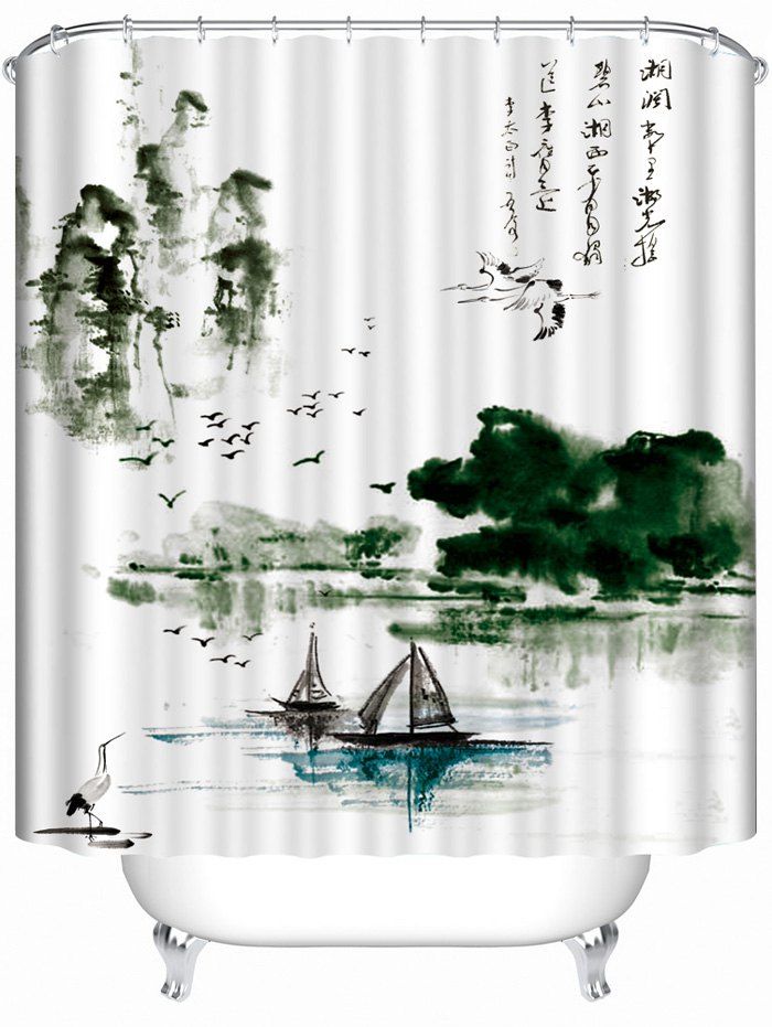 

Chinese Ink Landscape Waterproof Shower Curtain, White