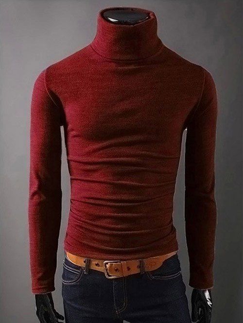 

Turtleneck Long Sleeves Plain T-Shirt, Burgundy