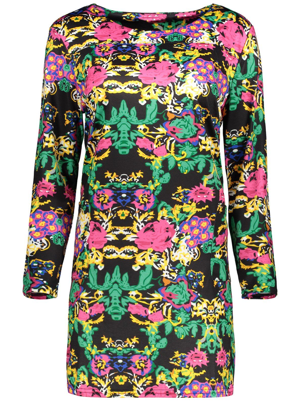 

Plus Size Printed Long Sleeve Dress With Pocket, Black