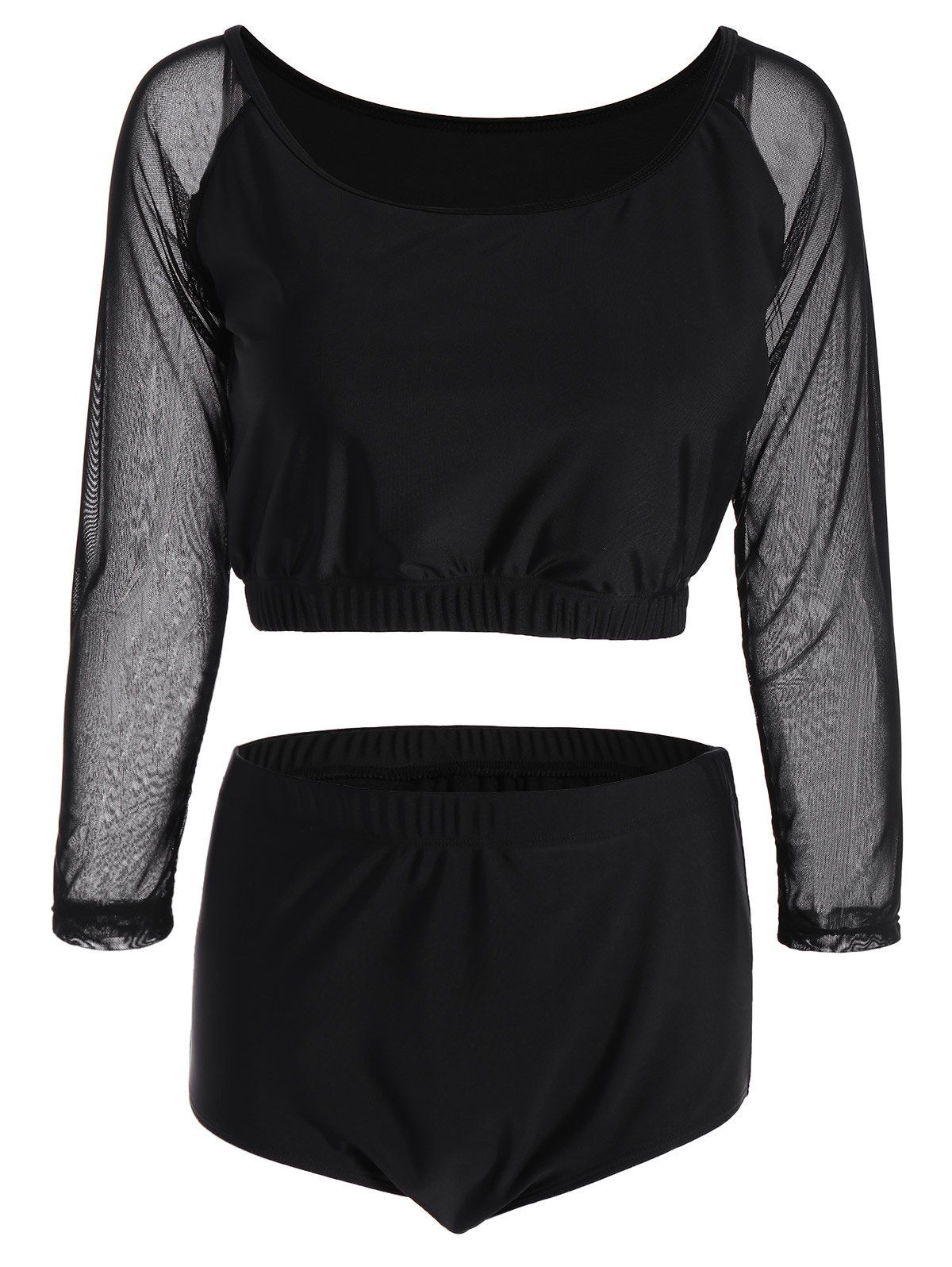 [17 OFF] 2021 Plus Size Sheer Long Sleeve Tankini Swimsuit In BLACK DressLily