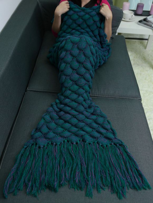 Couverture tricotée motif sirène poisson souple échelles - Bleu Vert 