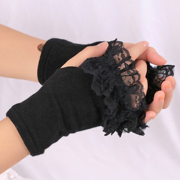 Gants  tricoté avec dentelle coupée sans doigts - Noir 