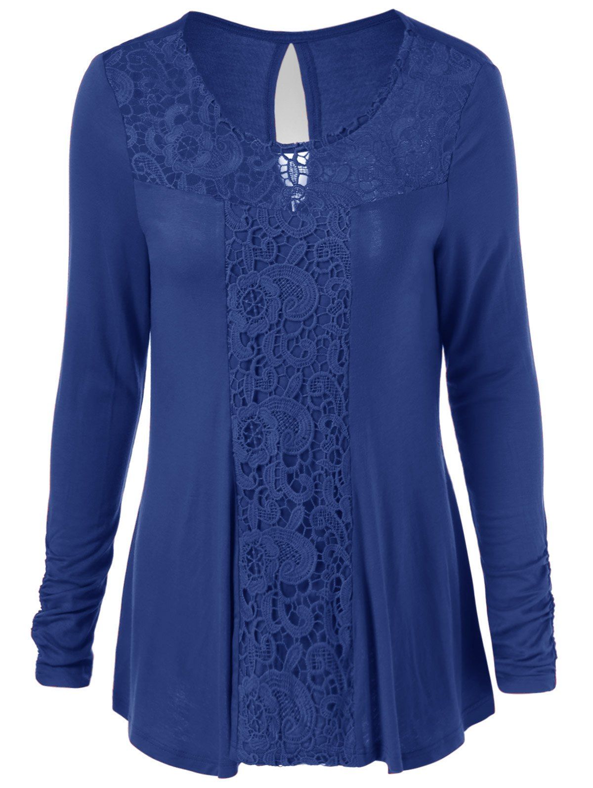 

Long Sleeve Cut Out Lace Trim T-Shirt, Blue light