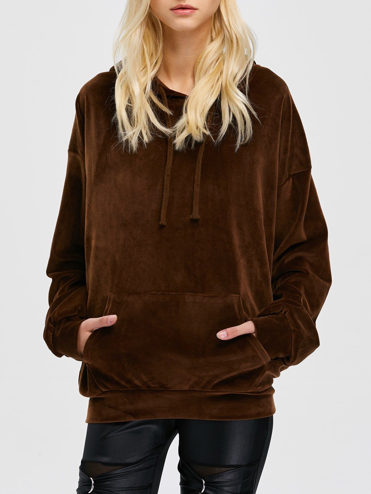 

Velvet Drop Shoulder Hoodie with Pocket, Dark coffee