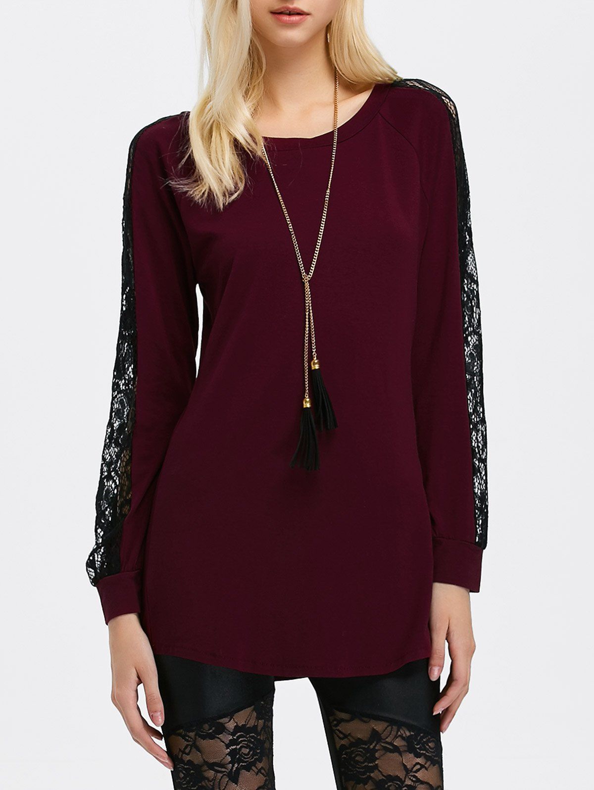 [41% OFF] 2020 Lace Panel Raglan Sleeve Tee In WINE RED | DressLily