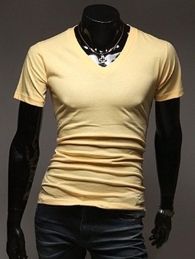 

Casual Slimming V-Neck Short Solid Color T-Shirt For Men, Yellow