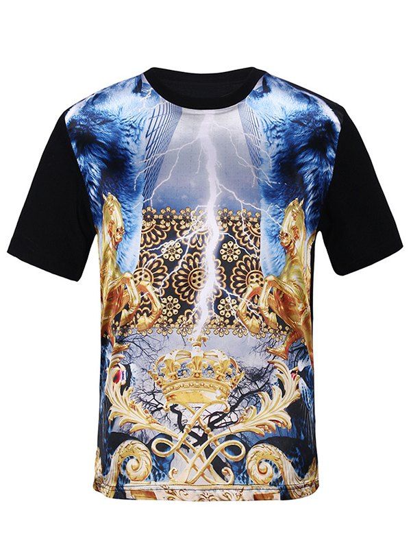 

Crown Symmetrical Print Silk Imitation Trippy T-Shirt, Black
