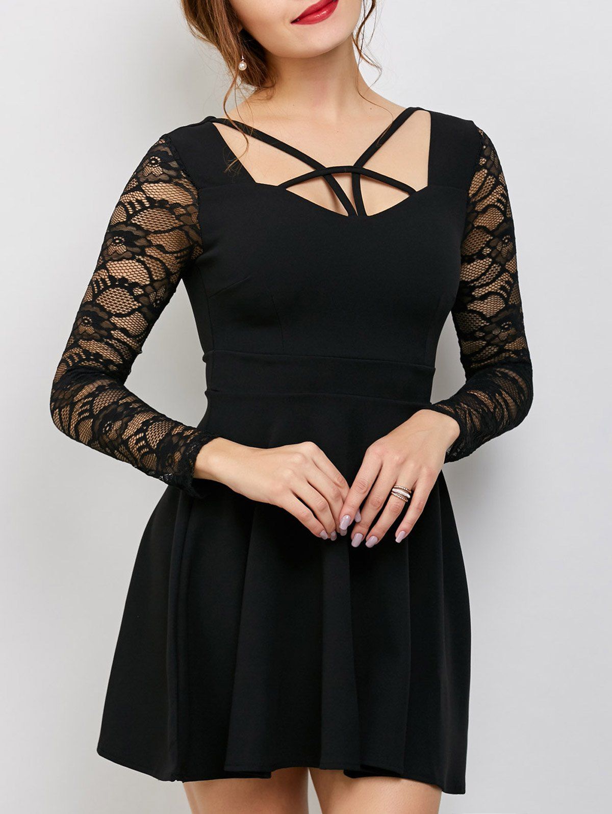 

Cut Out Skater Dress with Lace Panel, Black