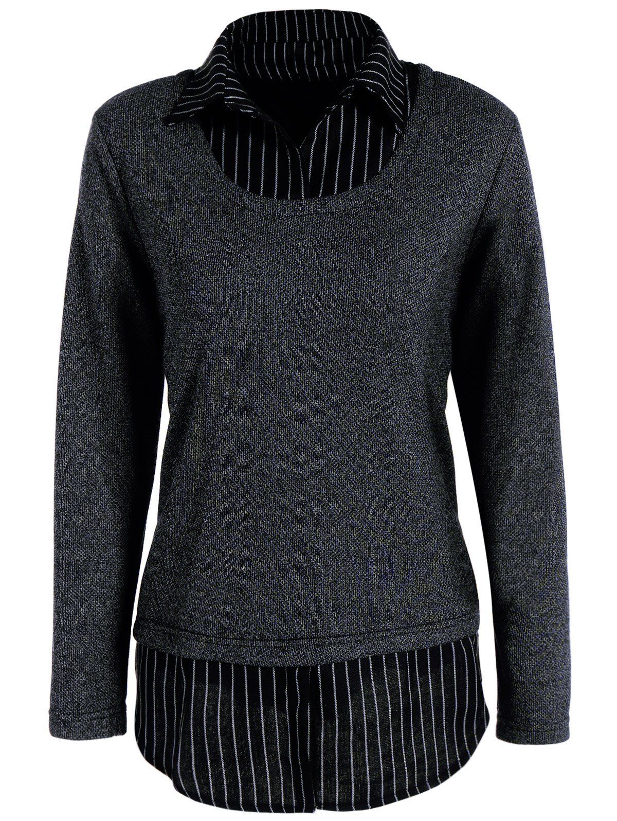 

Striped Shirt Collar Fake Twinset Top, Deep gray