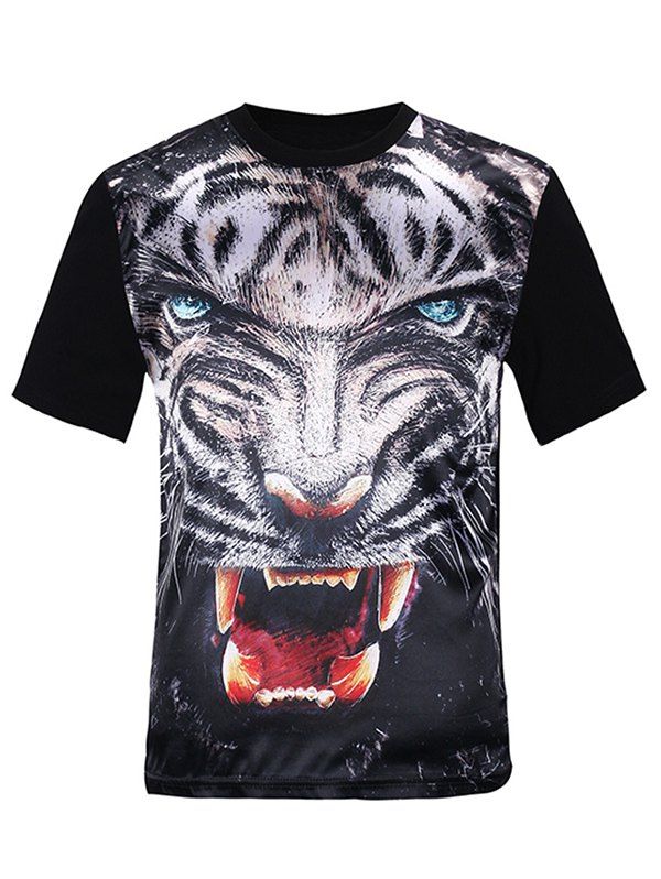 

3D Fierce Tiger Print Silk Imitation T-Shirt, Black