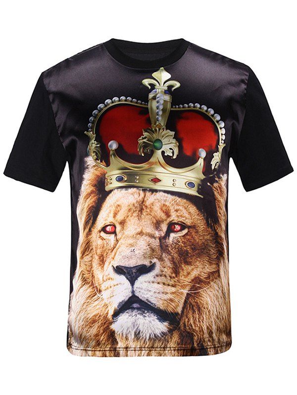

3D Crown Lion Print Silk Imitation T-Shirt, Black