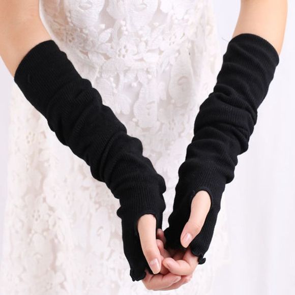 Gants longs tricotés sans doigt avec falbala - Noir 