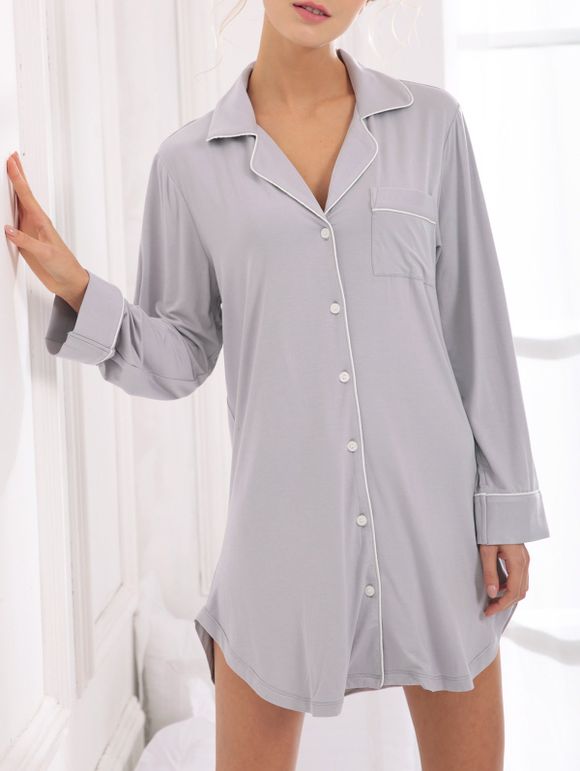 Robe chemise de nuit en coton avec poches - Gris M
