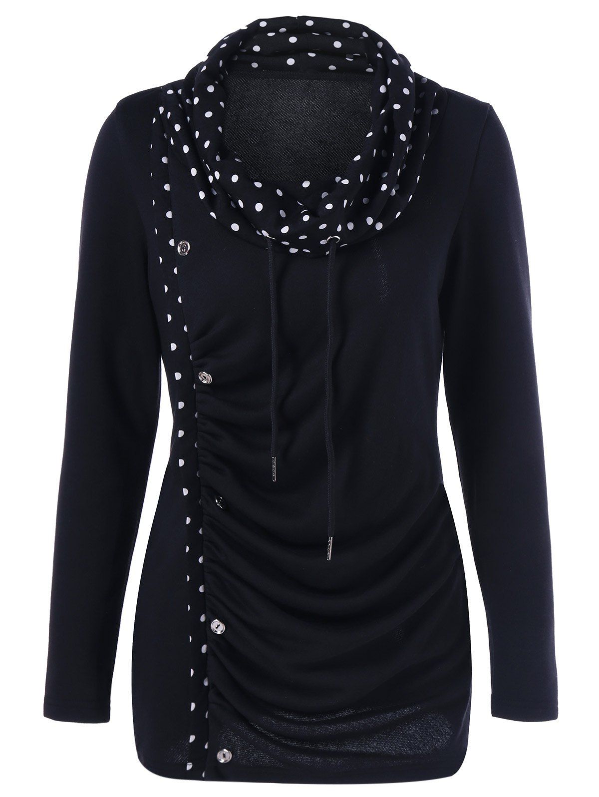 

Cowl Neck Polka Dot Trim T-Shirt, White and black