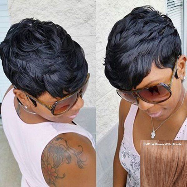 

Manly Short Side Bang Human Hair Capless Wig For Women, Brown with blonde