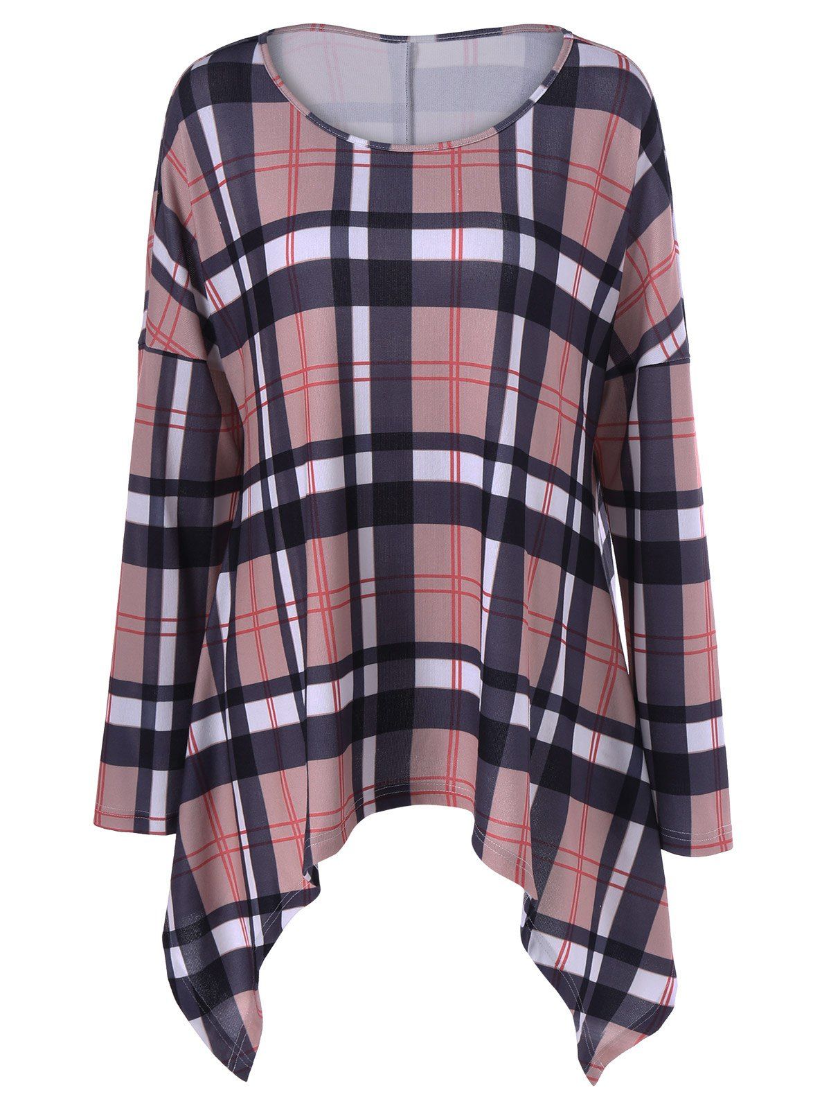 

Drop Shoulder Plaid Asymmetrical T-Shirt, Checked