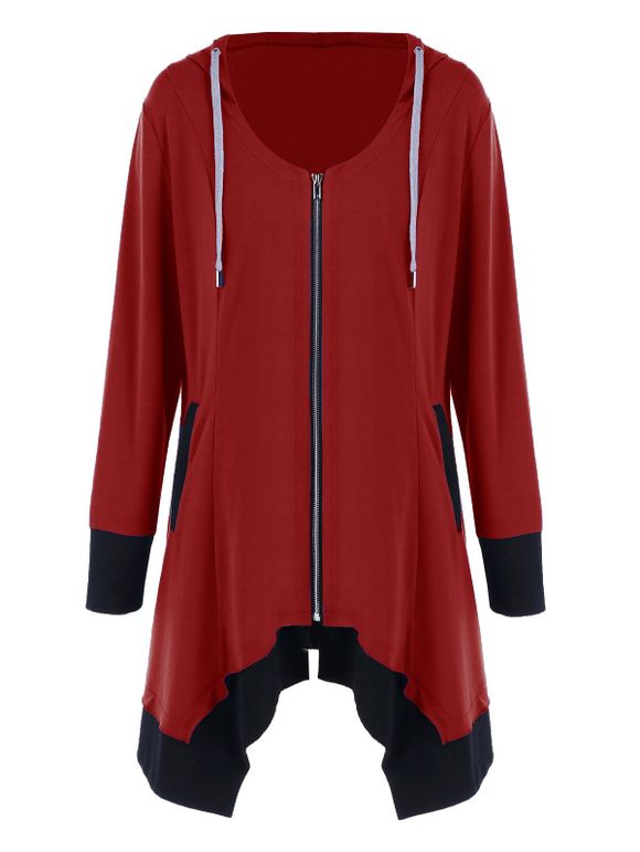 Sweat à capuche zippé asymétrique à grande taille - Noir et Rouge XL