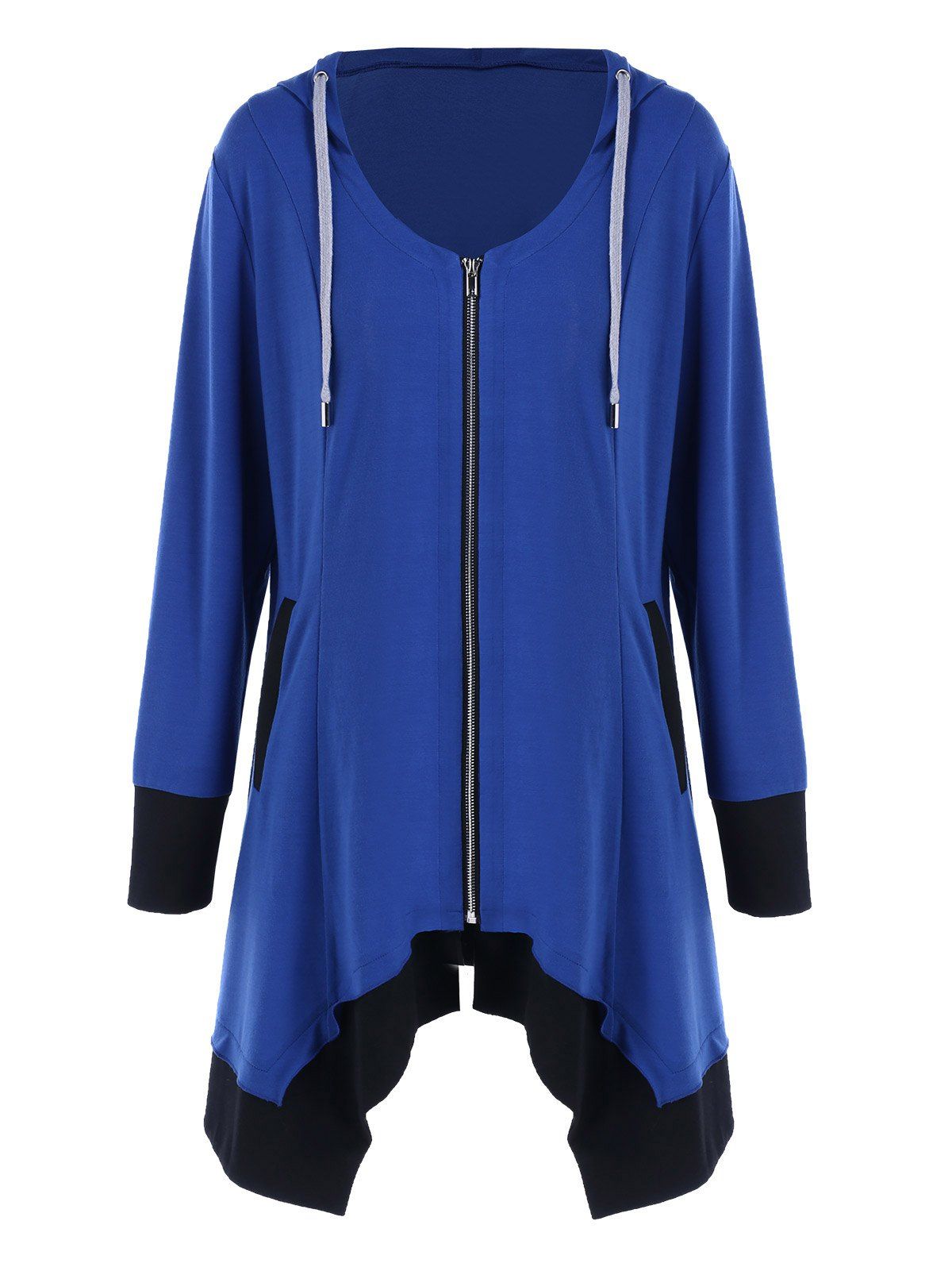 

Plus Size Zip Up Asymmetrical Hoodie, Blue and black