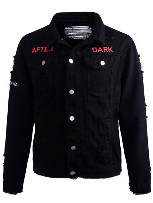 

Distressed Buttoned Printed Denim Jacket, Black