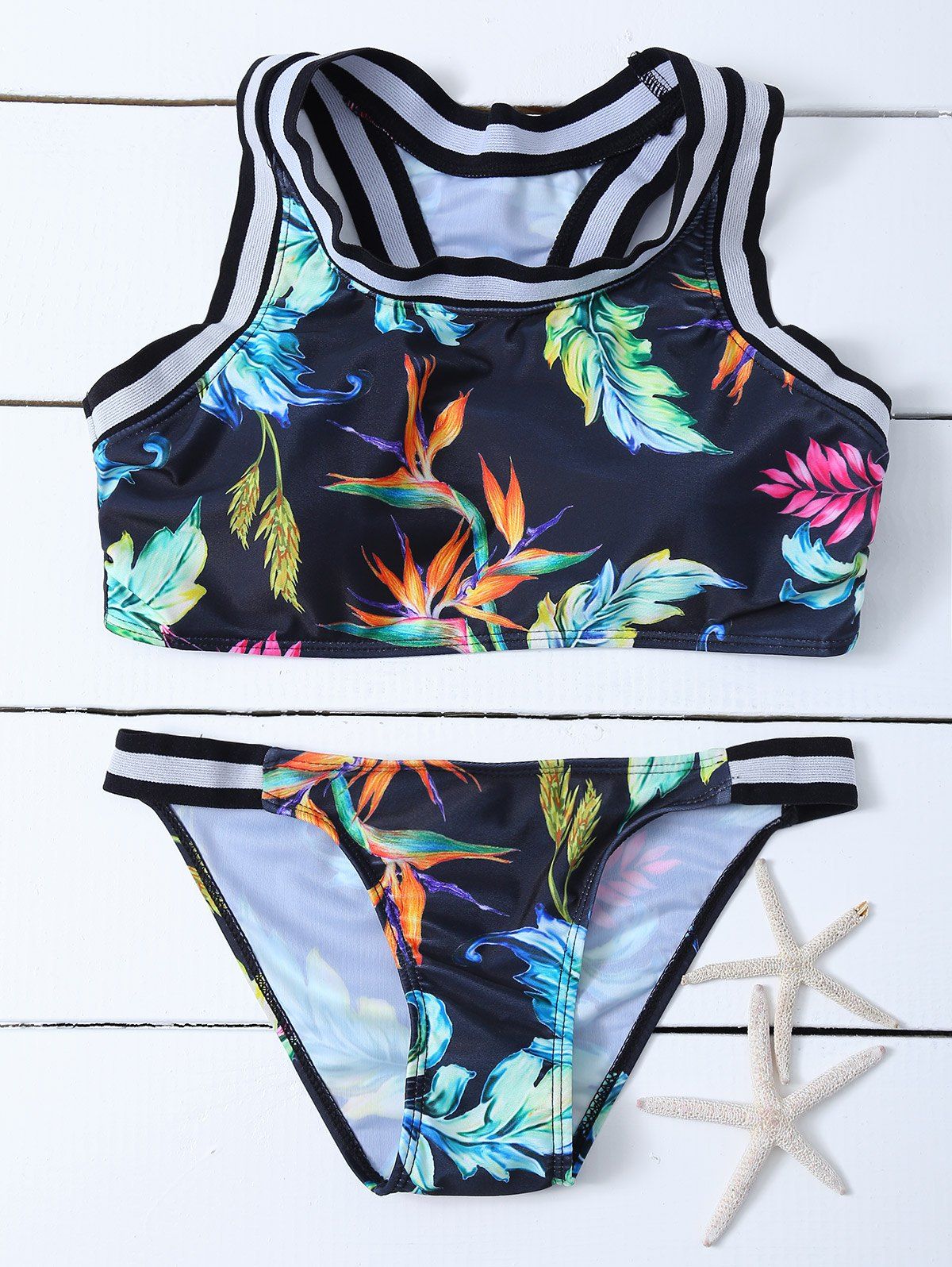 

Round Neck Leaf Print Racerback Bikini Set, Black