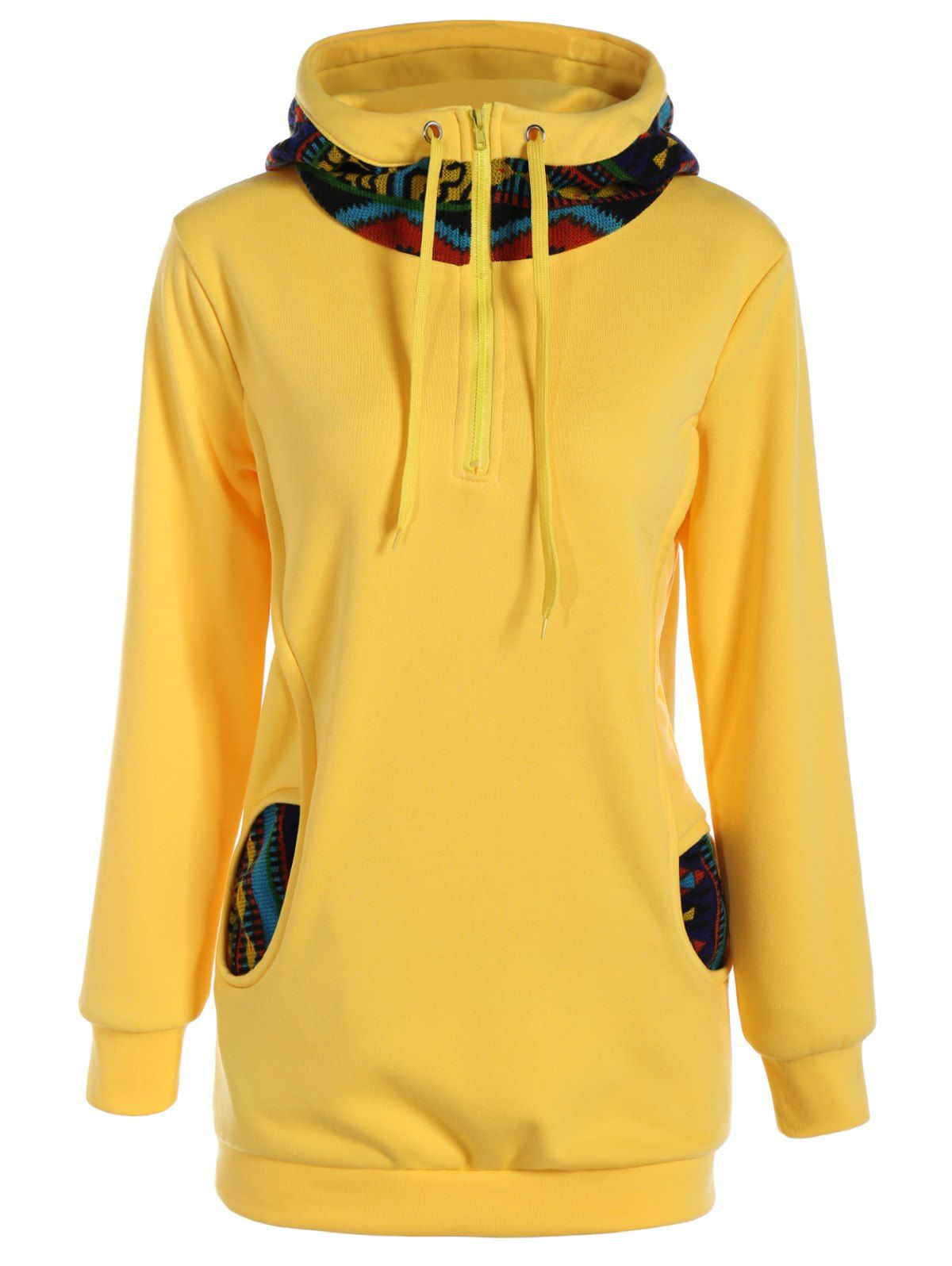

Hooded Plus Size Zippered Patterned Hoodie, Yellow