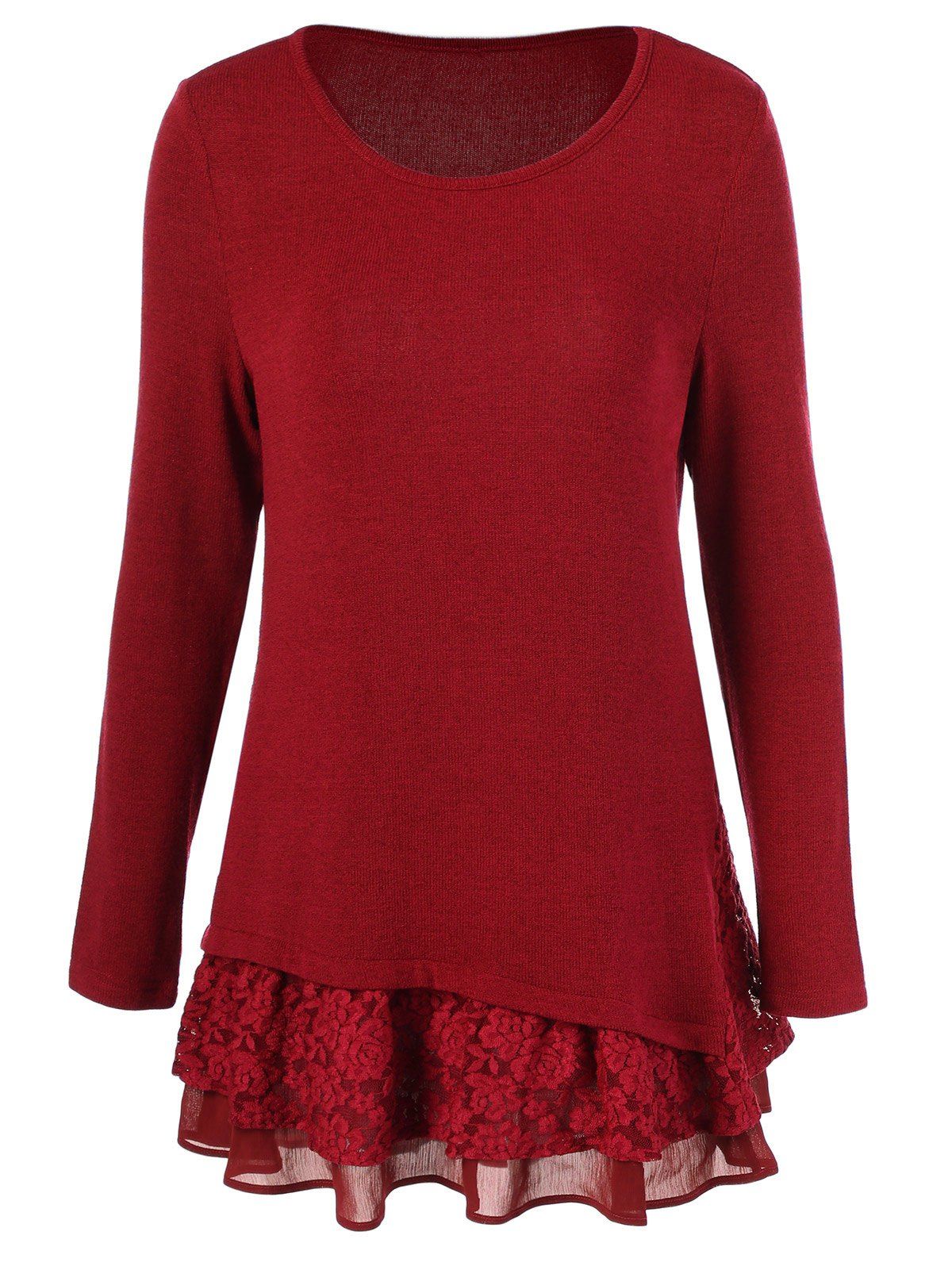 [41% OFF] 2021 Long Sleeve Floral Lace Trim T-Shirt In RED | DressLily
