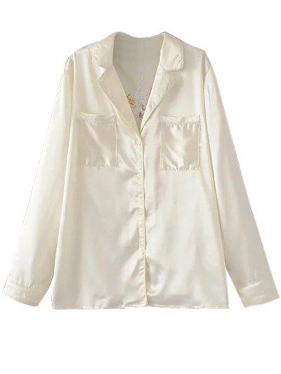 

Satin Embroidered Back Pajama Shirt, Off-white