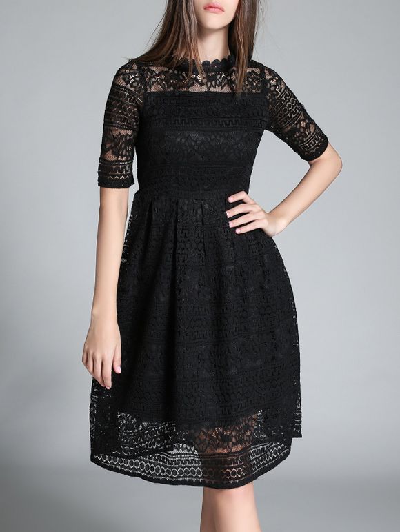A line robe demi transparente en dentelle et à la longueur aux genoux - Noir XL