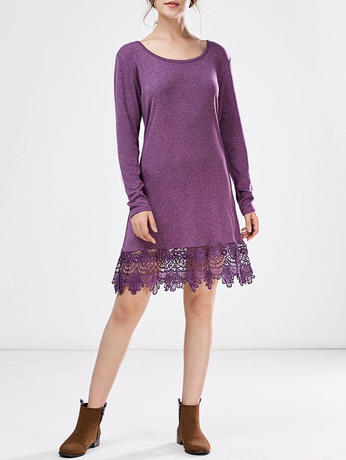 2018 sleeve lace trim a line dress purple s in 2018 sleeve lace trim a line dress purple s in