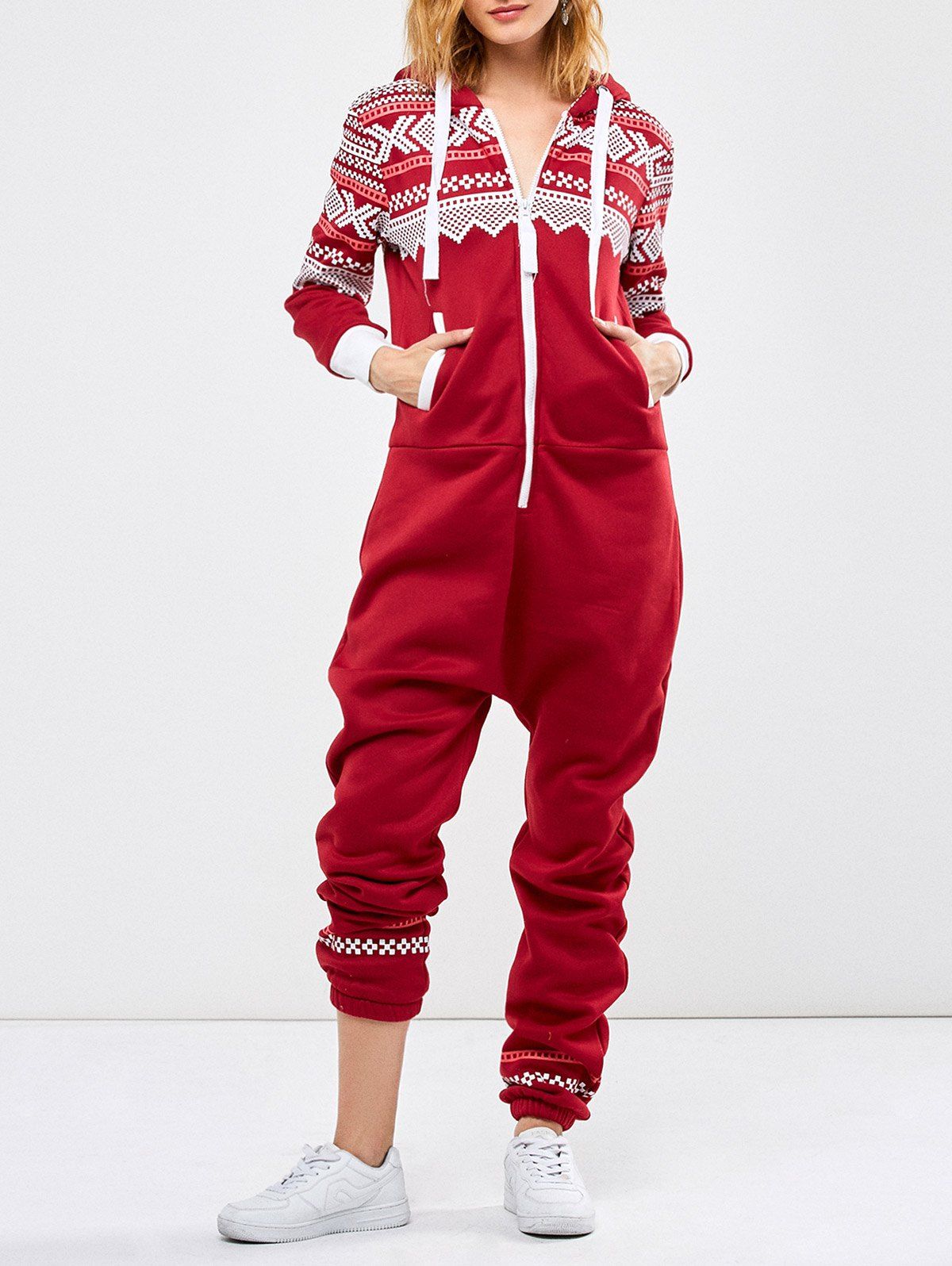 [41% OFF] 2021 Onesie Printed Hooded Playsuit In RED | DressLily
