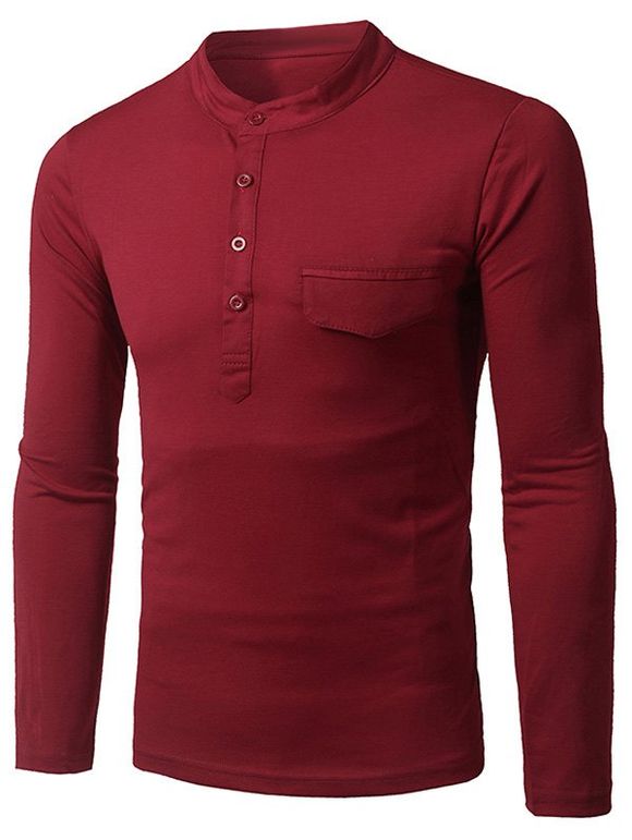 T-shirt à col à moitié-boutonné avec manches longues et poche de pépé - Rouge vineux L