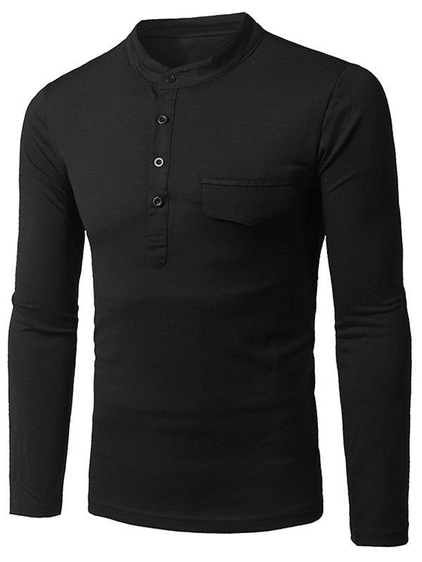 

Long Sleeve Grandad Collar Half Button Pocket T-Shirt, Black