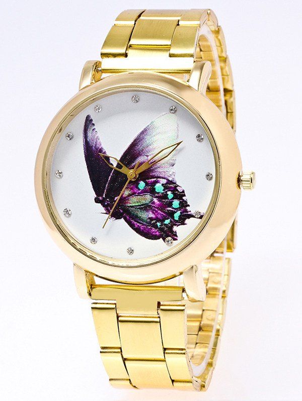 

Rhinestone Butterfly Print Stainless Steel Watch, Golden