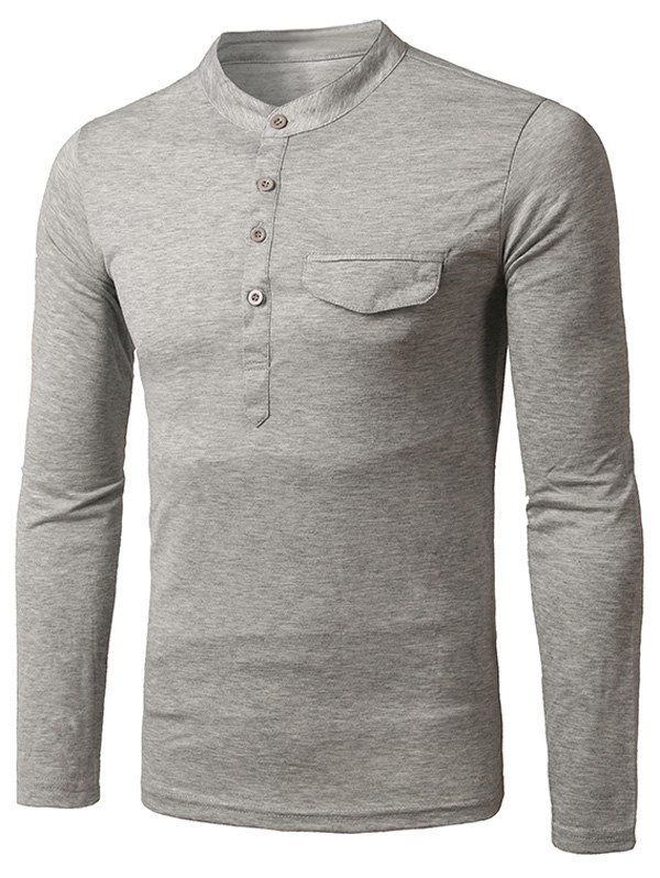 

Long Sleeve Grandad Collar Half Button Pocket T-Shirt, Light gray