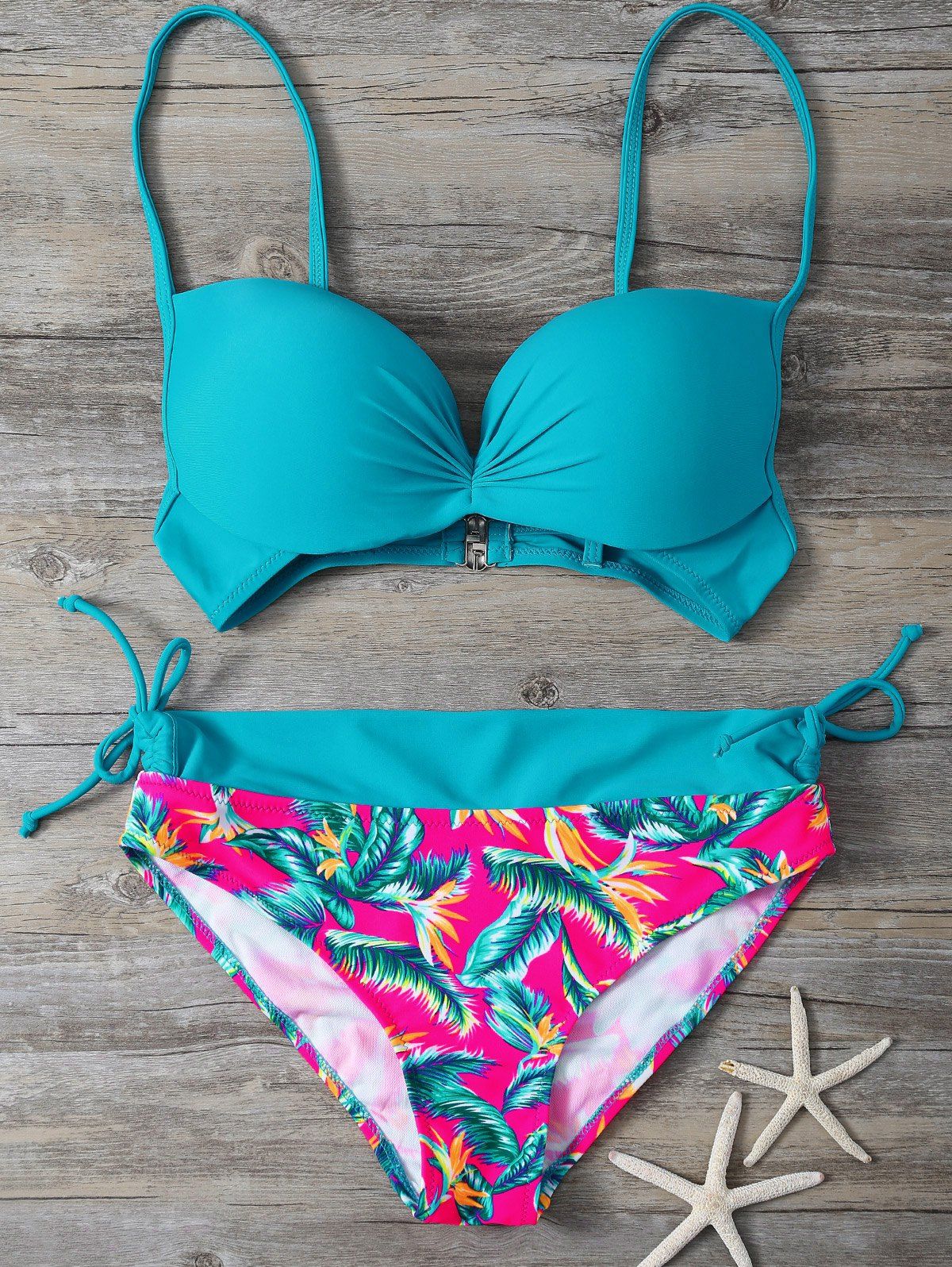 

Spaghetti Strap Leaves Print Bikini Set, Blackish green