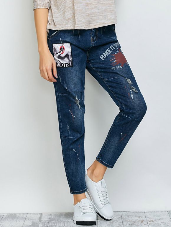 jeans imprimé patché délavé - Bleu profond 26