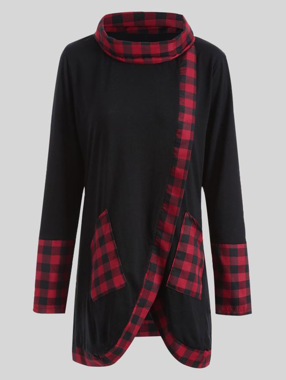 Plus-size t-shirt asymétrique à bordures à carreaux - Noir et Rouge 2XL