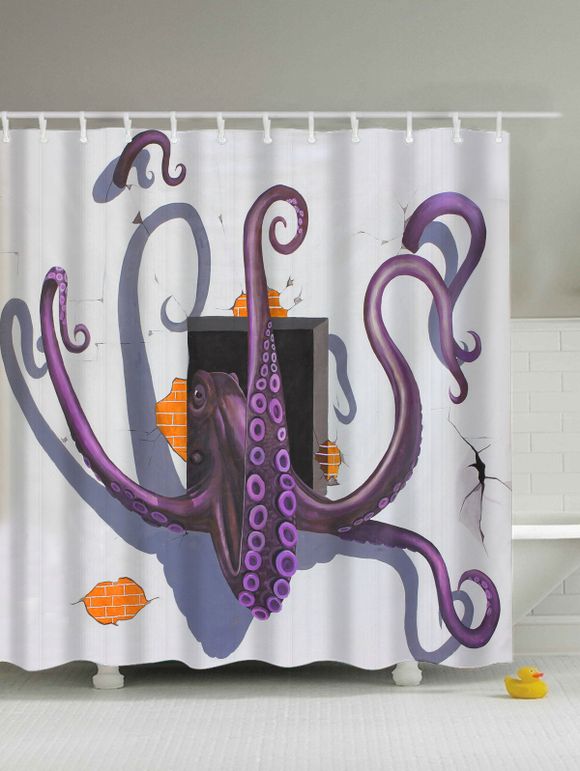 Rideau de salle de bains à motif de pieuvre en 3D - Blanc 