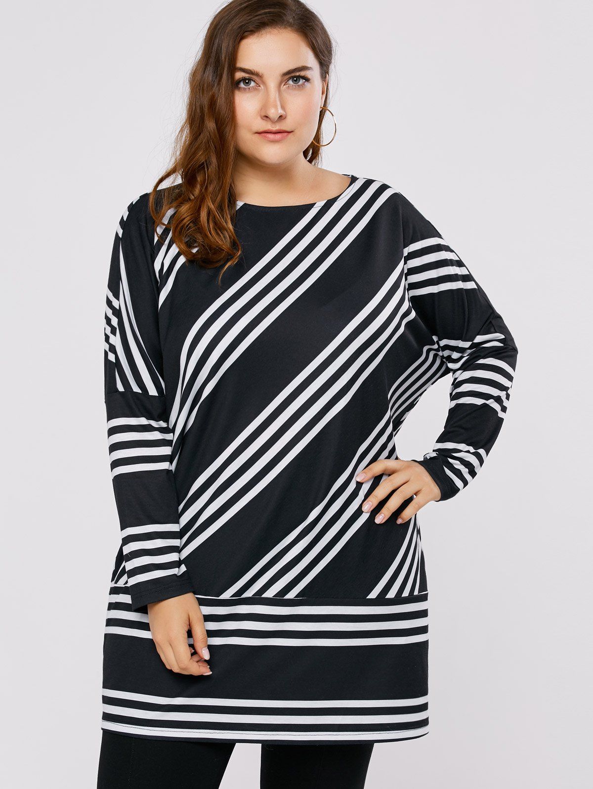 

Plus Size Drop Shoulder Striped Tunic T-Shirt, Black stripe