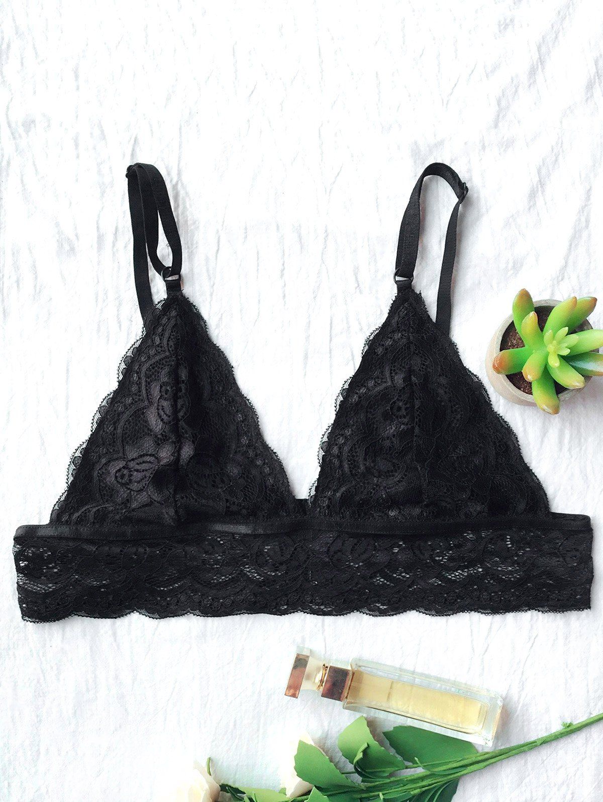 

Unlined Lace Plunge Triangle Bra Outfit No Wire, Black