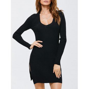 [41% OFF] 2023 Side Slit Bodycon Ribbed Pencil Sweater Dress In BLACK ...