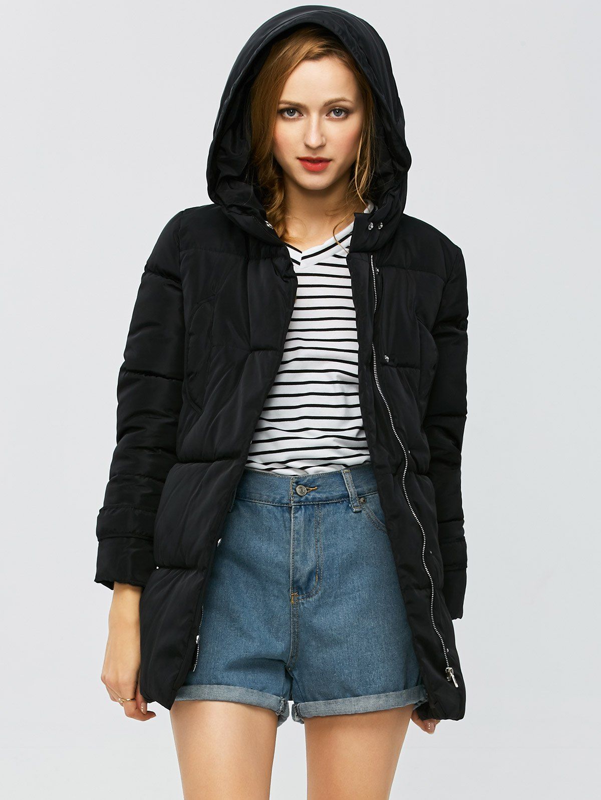 

Pocket Design Hooded Puffer Coat, Black